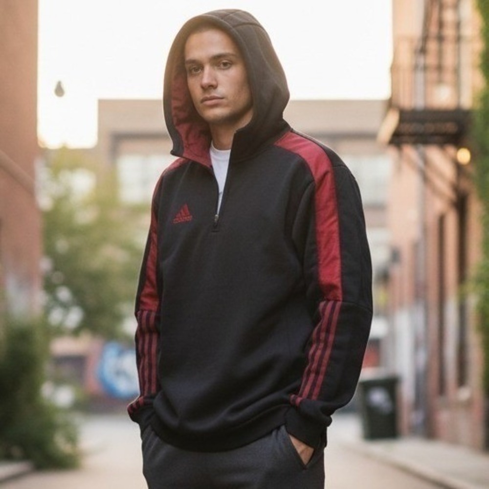 Adidas Men's Hoodie Size Medium Black/Red Spell Out Logo 3 Stripes Sports